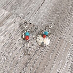 Sterling silver turquoise and coral articulated man and woman earrings